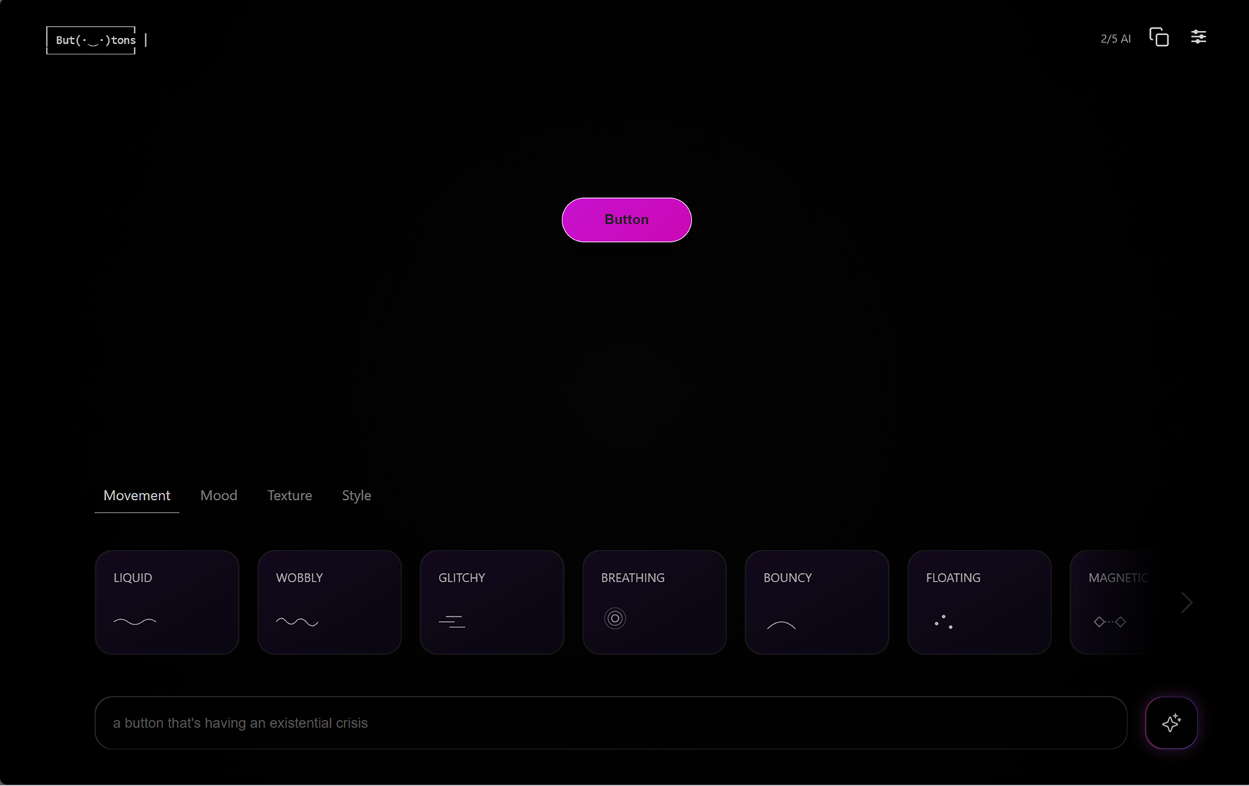 But.tons ingredient mixing interface – Movement tab open with LIQUID, WOBBLY, GLITCHY, BREATHING, BOUNCY, FLOATING, MAGNETIC options and a magenta pill button in the canvas